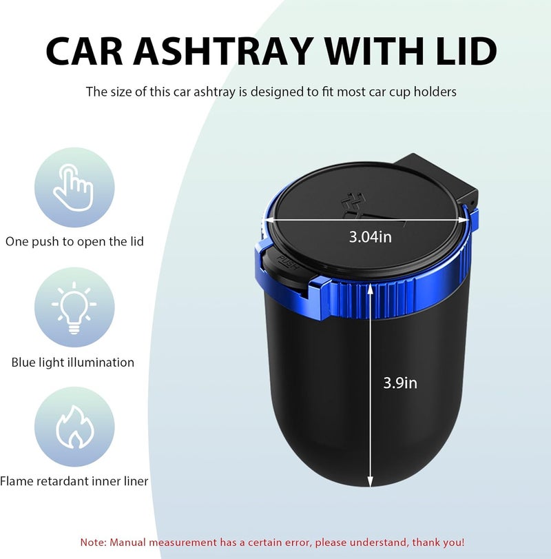 FSTURIOS Car Ashtray with Lid, Detachable Smokeless Auto Cup Holder Ashtray with LED Blue Light, Stainless Steel Ash Tray Portable Mini Vehicle Trash Can for Car Home Outdoor (Blue) - Image 2